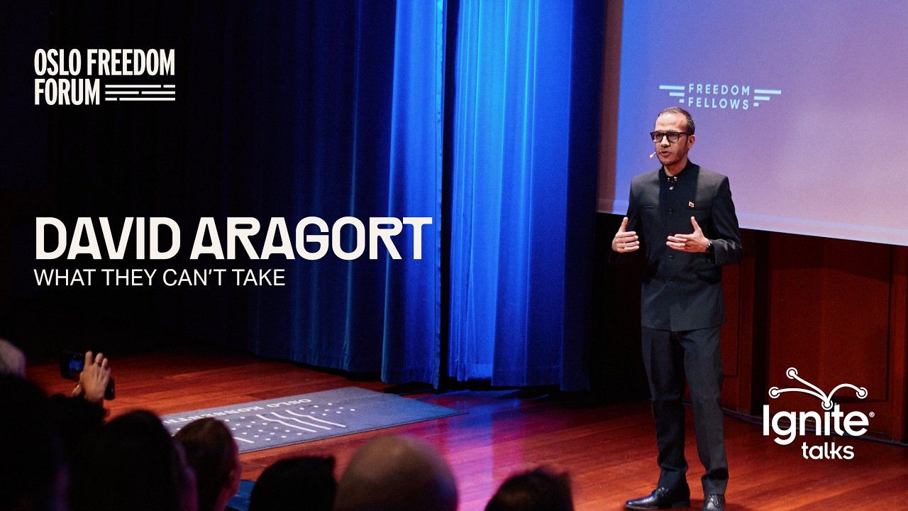 David Aragort on stage at the Oslo Freedom Forum, during his Ignite Talk.